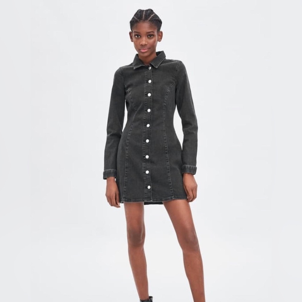 🖤 Zara Black Washed Denim Long Sleeve Button Down Dress 🗝️